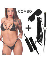 Kit de ecocuero negro con antifaz, mordaza, esposas, latigo y conjunto de vinilo