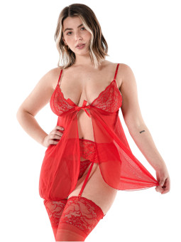 Babydoll Sexy Con Encaje + Portaligas + Colaless Rojo