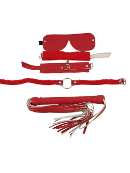 Kit de ecocuero Rojo con latigo, mordaza, esposas y antifaz